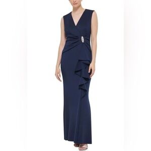 Jessica Howard Elegant Navy Maxi Dress with Brooch